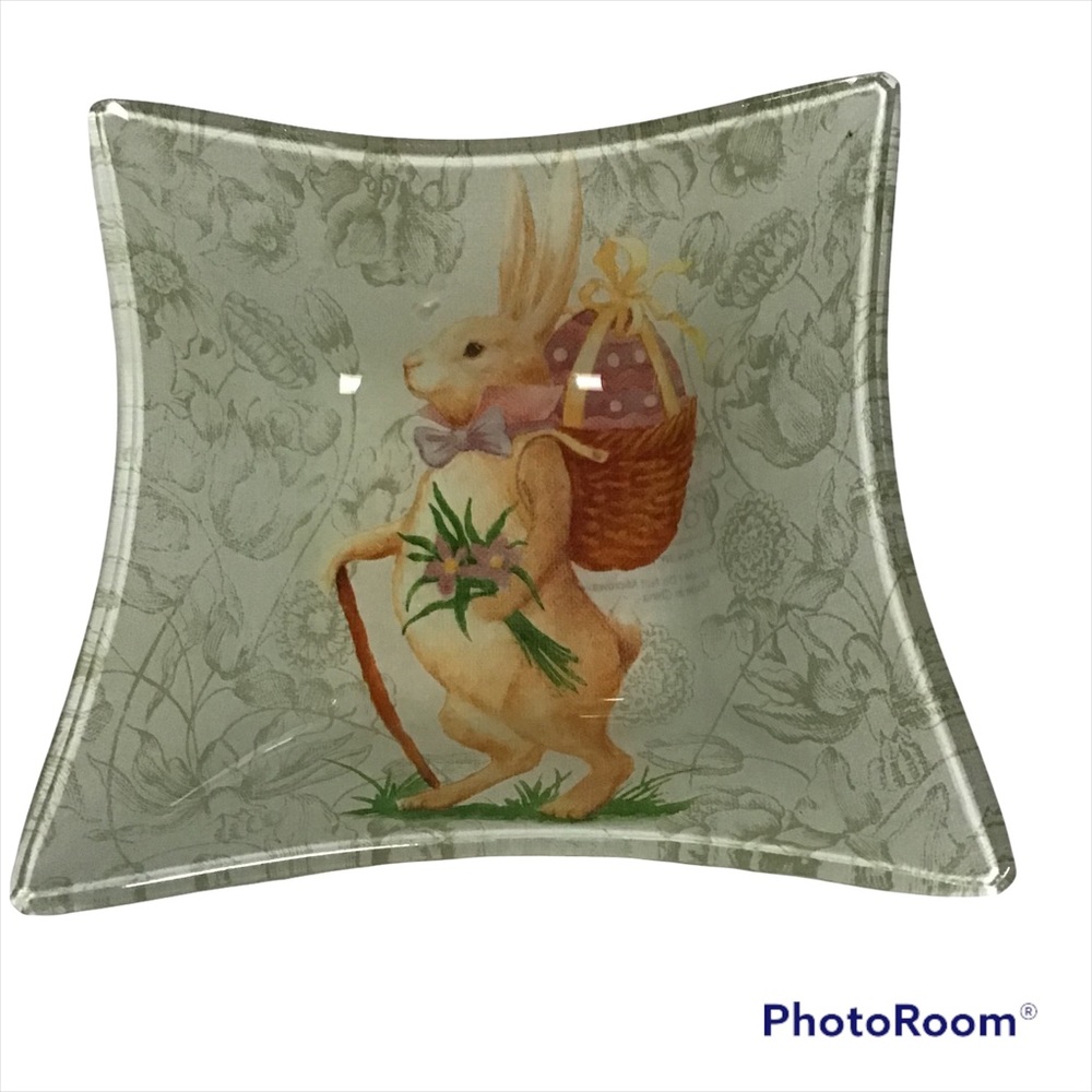 208 Park Vintage Square Easter Egg Bunny Rabbit Flower Basket Glass Trinket Dish